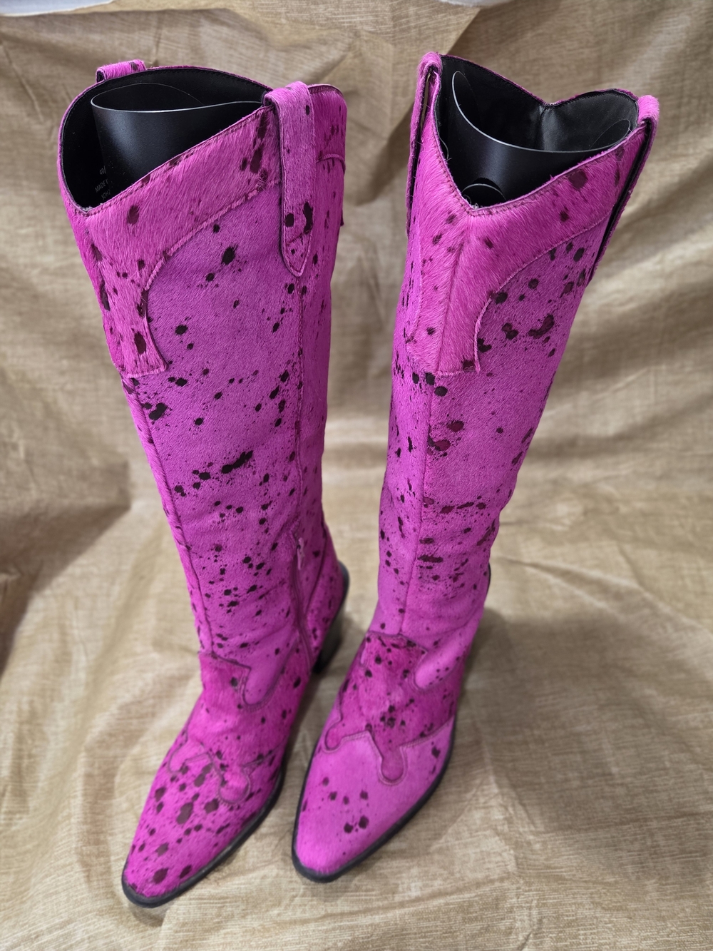 Nasty Gal Short Hair On Knee High Speckled Print Fuschia Cowboy Boots Size 7 - Picture 2 of 14